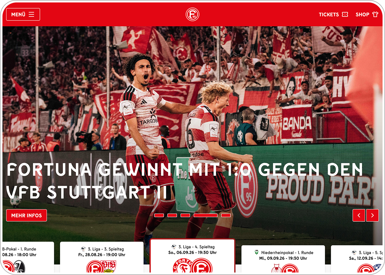 Startseite der neuen Fortuna-Düsseldorf-Website mit großem Spieltagsbanner, aktuellen News und Spielplan-Kacheln.